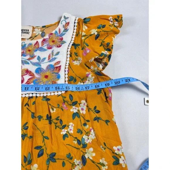 Savanna Jane Cottagecore Yellow Floral Embroidered Boho Pom Pom Trim Blouse M - Picture 11 of 13